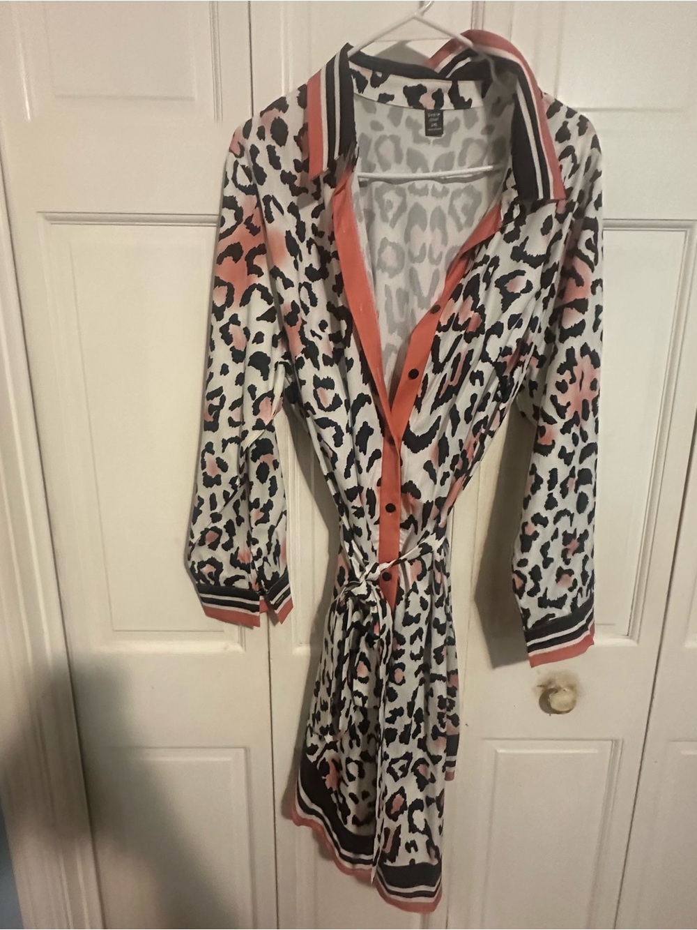 SHEIN White Leopard Midi Dress with Coral Trim